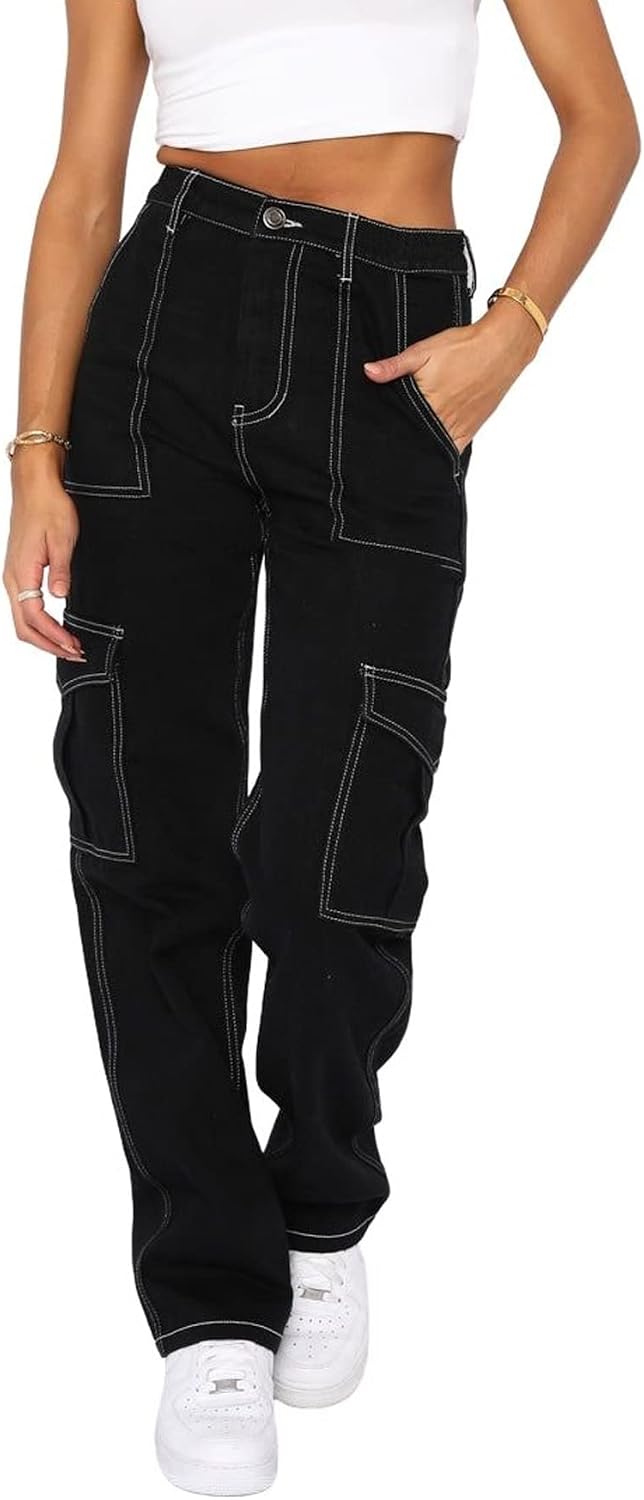 CHARTOU Women's Y2k Style Mid-Rise Wide Leg Straight Boyfriend Cargo Denim Jeans Pants