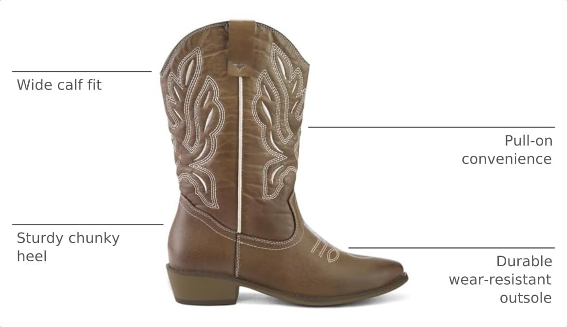 mysoft Cowboy Boots For Women - Western Cowgirl Boots Mid Calf Chunky Heel Booties Pointed Toe Country Shoes