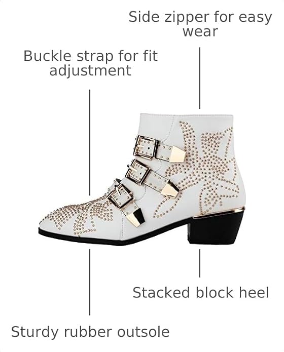 Size 8-8.5 Arqa Women's Studded Ankle Boots Leather Multiple Buckle Chunky Heel Booties Almond Toe Zipper Punk Boot