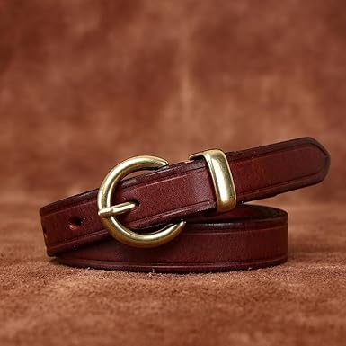 Skinny Women Vintage Distressed Leather Belts 0.7" Thin Waist Strap With Half-Circle Gold Buckle For Jeans Pants