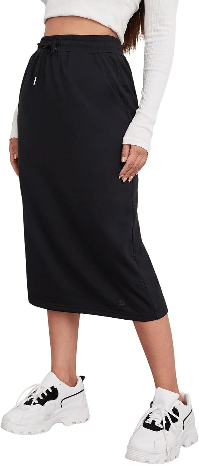 Women's Causal High Waist Midi Skirt Drawstring Solid Athletic Skirt with Pockets
