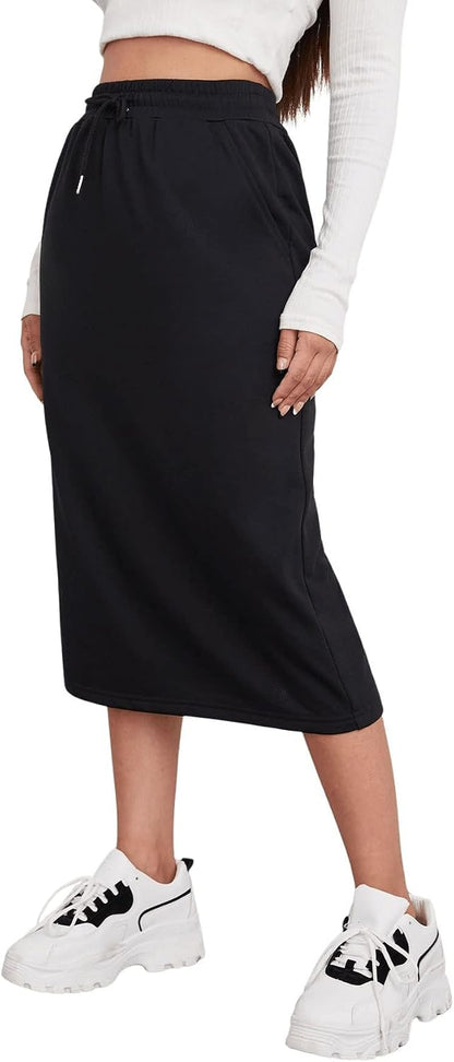 Women's Causal High Waist Midi Skirt Drawstring Solid Athletic Skirt with Pockets