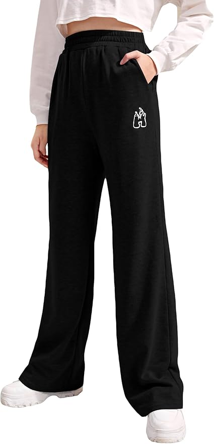 Verdusa Girl's Graphic Embroidery Straight Leg Sweatpants Elastic Waist Joggers with Pockets