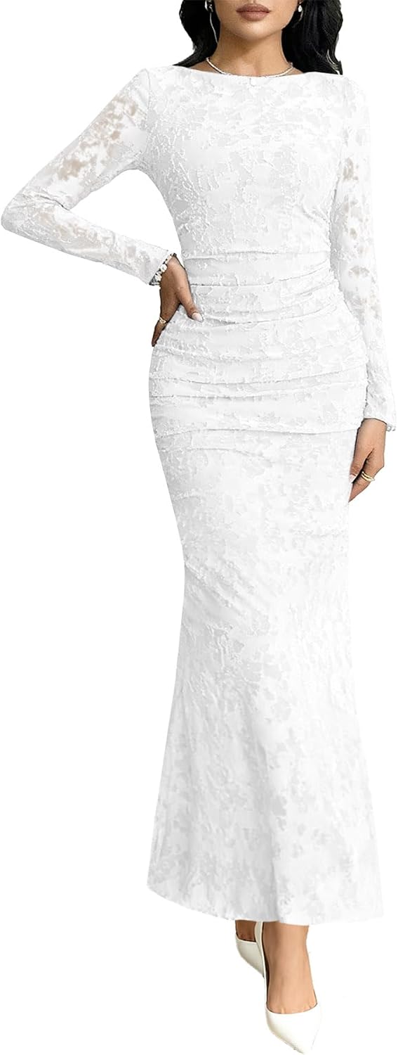 MITILLY Women's Formal Long Sleeve Dress Fall Elegant Floral Bodycon Ruched Cocktail Party Maxi Dresses New