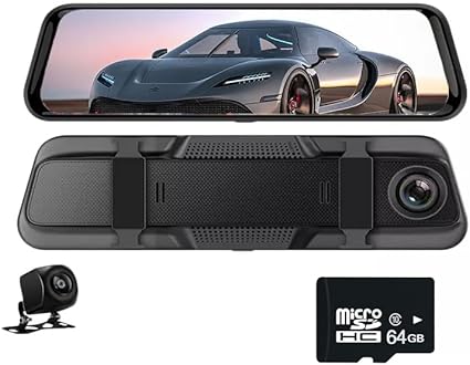10 Inch 2 Lens Mirror Dash Cam Mirror Recorder 2 Channels Dual Dash Cam, 2K 10" Full HD Touch Dual Lens Mirror Recorder Night Free 64GB TF Card
