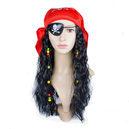 Adult Pirate Wig With Dreadlocks Patch Scarf Bandana Medieval Renaissance Halloween Costume Buccaneer Captain Dress Up Set (Red)
