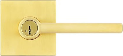 Kwikset Halifax Entry Door Handle with Lock and Key, Secure Keyed Reversible Lever Exterior, For Front Entrance and Bedrooms, Satin Brass, Pick Resistant Smartkey Rekey Security and Microban