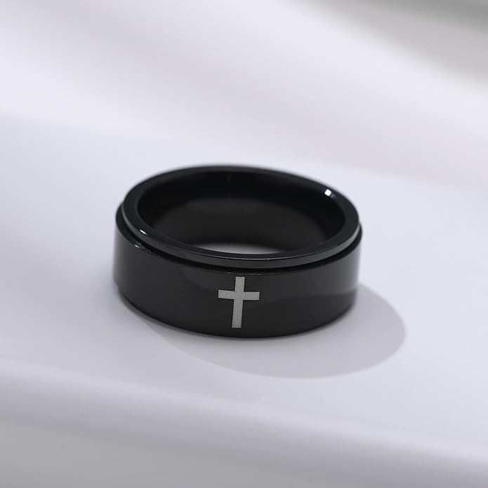 6mm/8mm Titanium Steel Black/Silver/Gold Fidget Ring Engraved Small Cross Stainless Steel Spinner Rings Stress Relieving Anxiety Ring Engagement Wedding Promise Band for Women Men Size 5-15