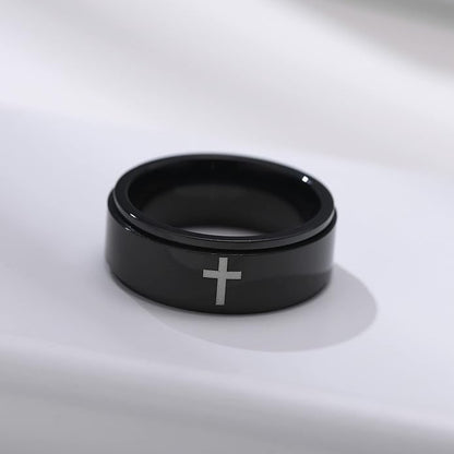 6mm/8mm Titanium Steel Black/Silver/Gold Fidget Ring Engraved Small Cross Stainless Steel Spinner Rings Stress Relieving Anxiety Ring Engagement Wedding Promise Band for Women Men Size 5-15