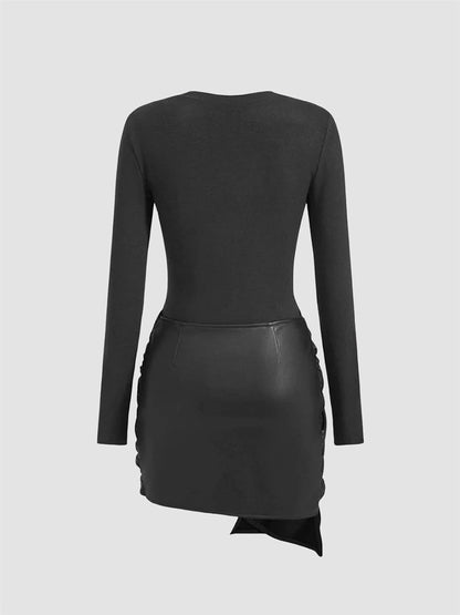 Qikaka Women's Long Sleeve O Neck PU Leather Paneled Ruched Ruffles Sexy Nightclub Party Mini Dress