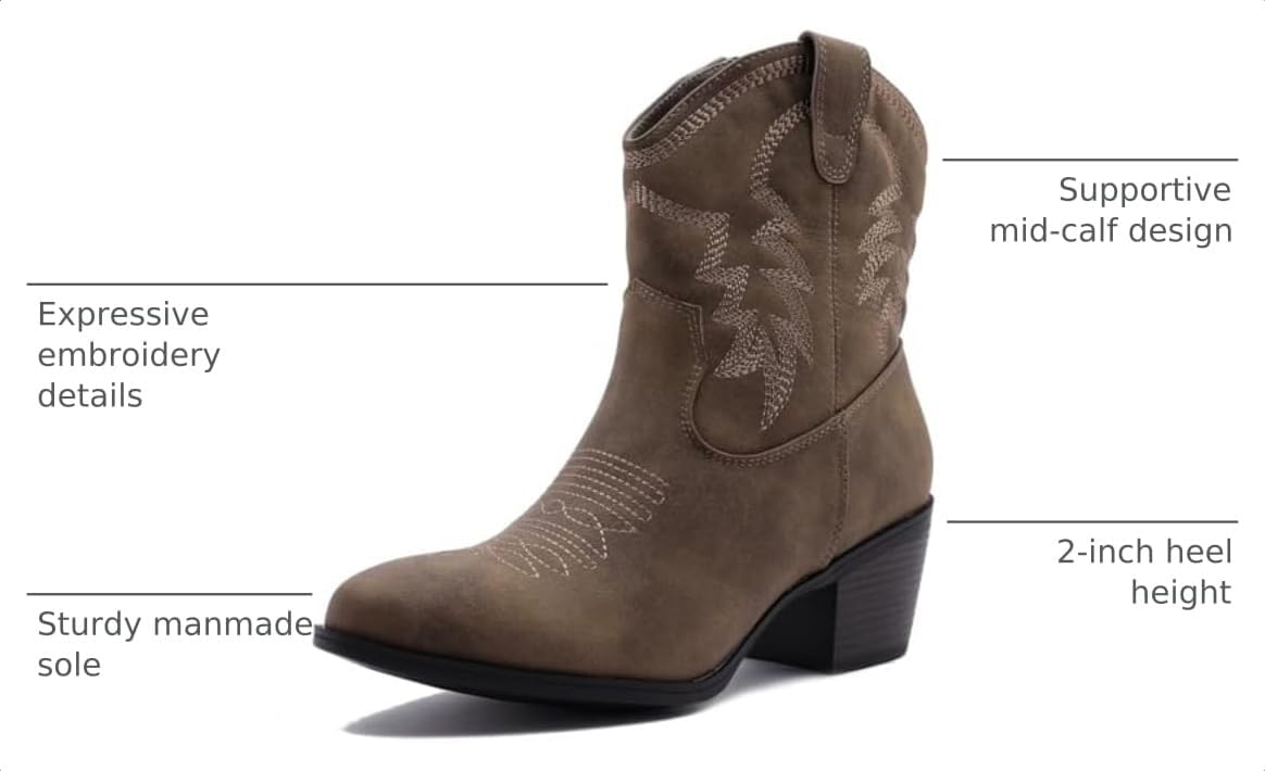 GLOBALWIN Women's Mid Calf The Western Cowboy Boots Fashion Cowgirl Boots For Women Low Heel