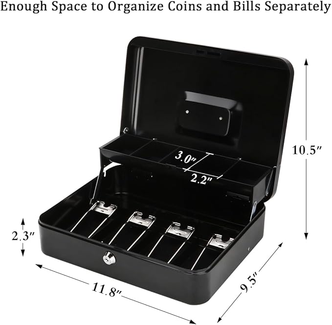 Jssmst Large Locking Cash Box with Money Tray, Lock Box with Security Cable Metal Money Box with Key Lock, Black, CB02304XL