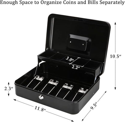Jssmst Large Locking Cash Box with Money Tray, Lock Box with Security Cable Metal Money Box with Key Lock, Black, CB02304XL