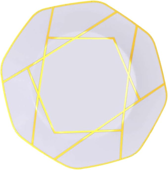 Efavormart 10 Pack | 10" White/Gold Geometric Design Plastic Dessert Plates, Disposable Octagon Salad/Appetizer Party Plates