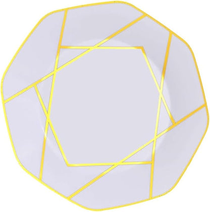 Efavormart 10 Pack | 10" White/Gold Geometric Design Plastic Dessert Plates, Disposable Octagon Salad/Appetizer Party Plates