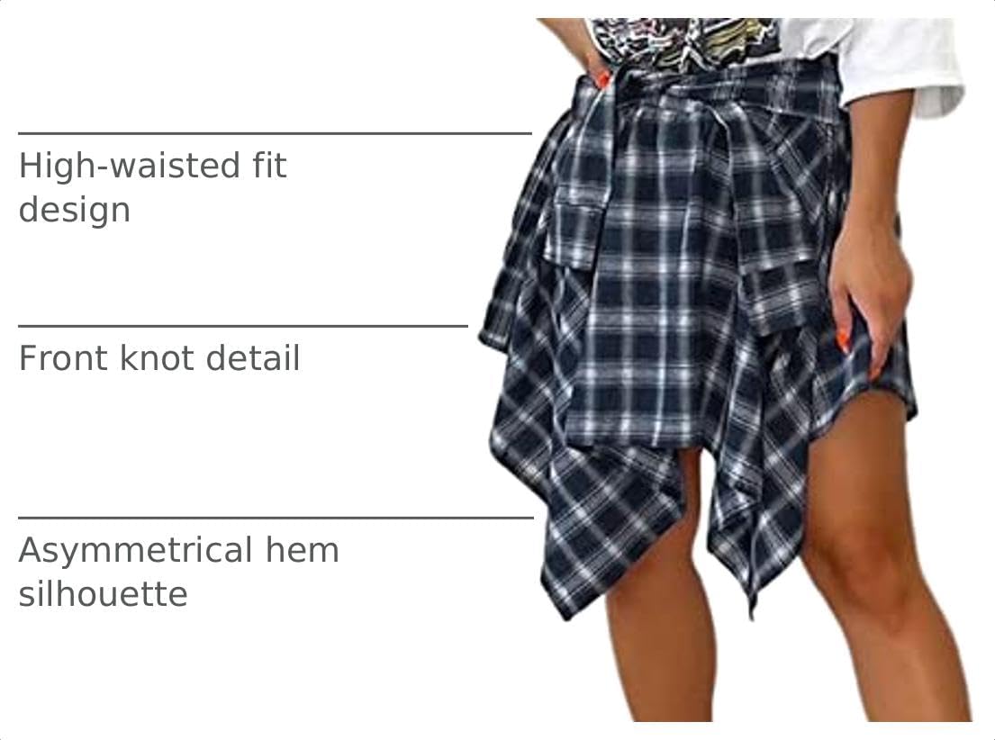 Women Plaid High Waisted Asymmetrical Skater Skirt | Soft Fabric, knot front design, versatile pleated midi skirts, 90s outfits, trendy y2k grunge style, concert daily wear