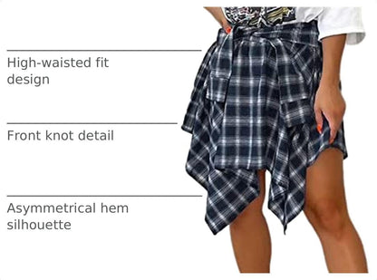 Women Plaid High Waisted Asymmetrical Skater Skirt | Soft Fabric, knot front design, versatile pleated midi skirts, 90s outfits, trendy y2k grunge style, concert daily wear