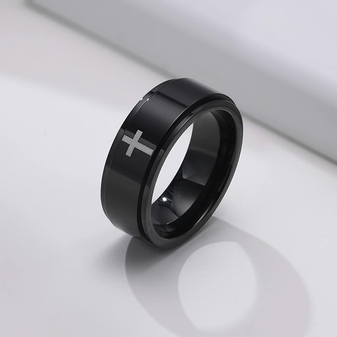 6mm/8mm Titanium Steel Black/Silver/Gold Fidget Ring Engraved Small Cross Stainless Steel Spinner Rings Stress Relieving Anxiety Ring Engagement Wedding Promise Band for Women Men Size 5-15