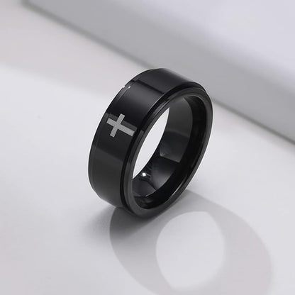 6mm/8mm Titanium Steel Black/Silver/Gold Fidget Ring Engraved Small Cross Stainless Steel Spinner Rings Stress Relieving Anxiety Ring Engagement Wedding Promise Band for Women Men Size 5-15