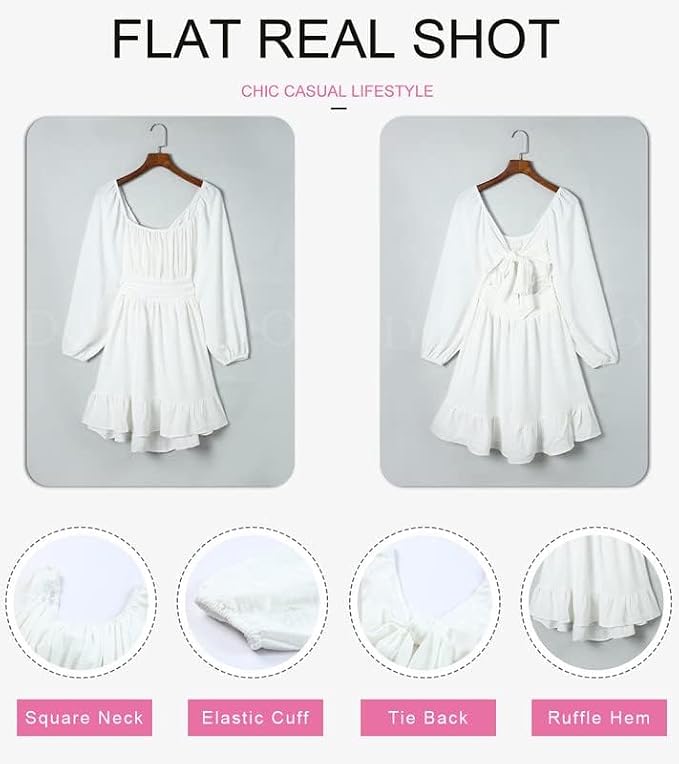 Womens Dress Long Lantern Sleeve Square Neck Tie Backless Sexy Dress Ruffle Elastic Waist A-Line Mini Dress