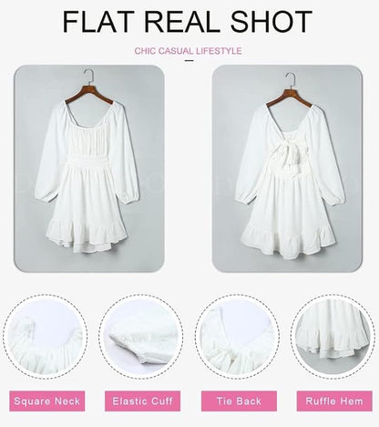 Womens Dress Long Lantern Sleeve Square Neck Tie Backless Sexy Dress Ruffle Elastic Waist A-Line Mini Dress