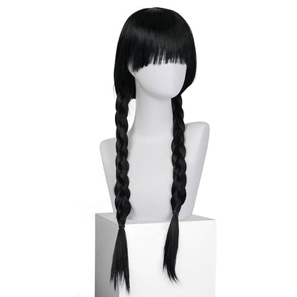 Wednesday Wig Black Cosplay Wig for Women Black Two Braids Wig for Halloween Costume Black Wig with Bangs Long Black Costume Wig for Party