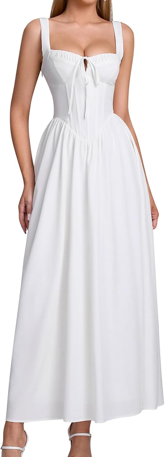 GLNEGE Womens Corset Midi Dress Spring Wedding Guest A-line Flowy Dresses Lace Up Summer Tea Party Long Sundress for 2026 .
