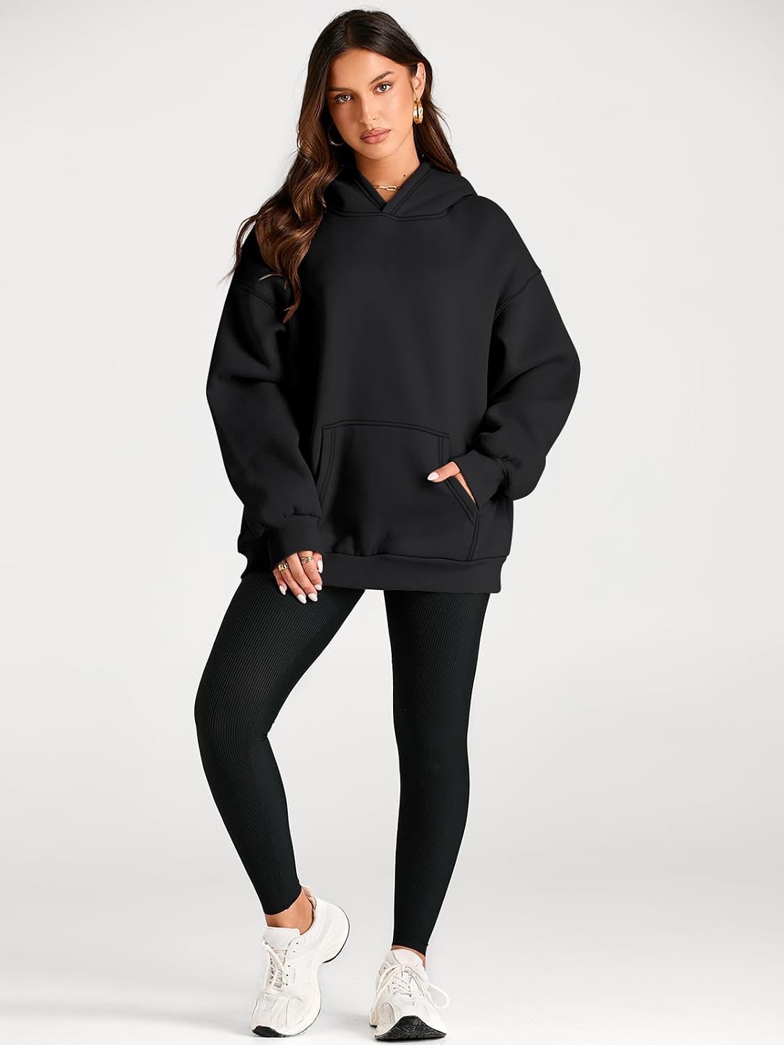 XS, Oversized fleece hoodie, soft and comfortable, perfect for fall in sleek black.