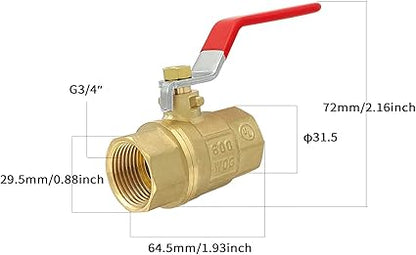 Brass 34" Full Port Ball Valve with Red Vinyl Handle, NPT Female x Female Thread,150 PSI WSP600 WOG (34"),1 pack