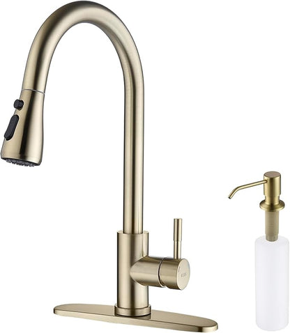 Kitchen Faucet with Pull Down Sprayer, Gold Pull Out Kitchen Faucet with Kitchen Soap Dispenser, Single Level Stainless Steel Kitchen Faucet, Single Handle High Arc Kitchen Faucet