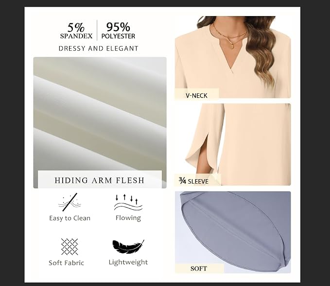 Anyally Women's Chiffon Blouses 3/4 Sleeve Summer Dressy Tunic Tops Casual Loose V Neck T-Shirts