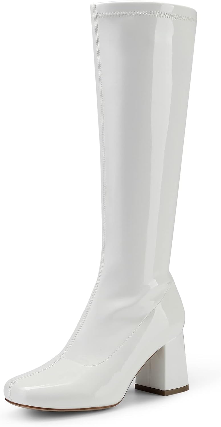 DREAM PAIRS Women's Gogo Boots Square Toe Chunky Wide Calf Knee High Boots