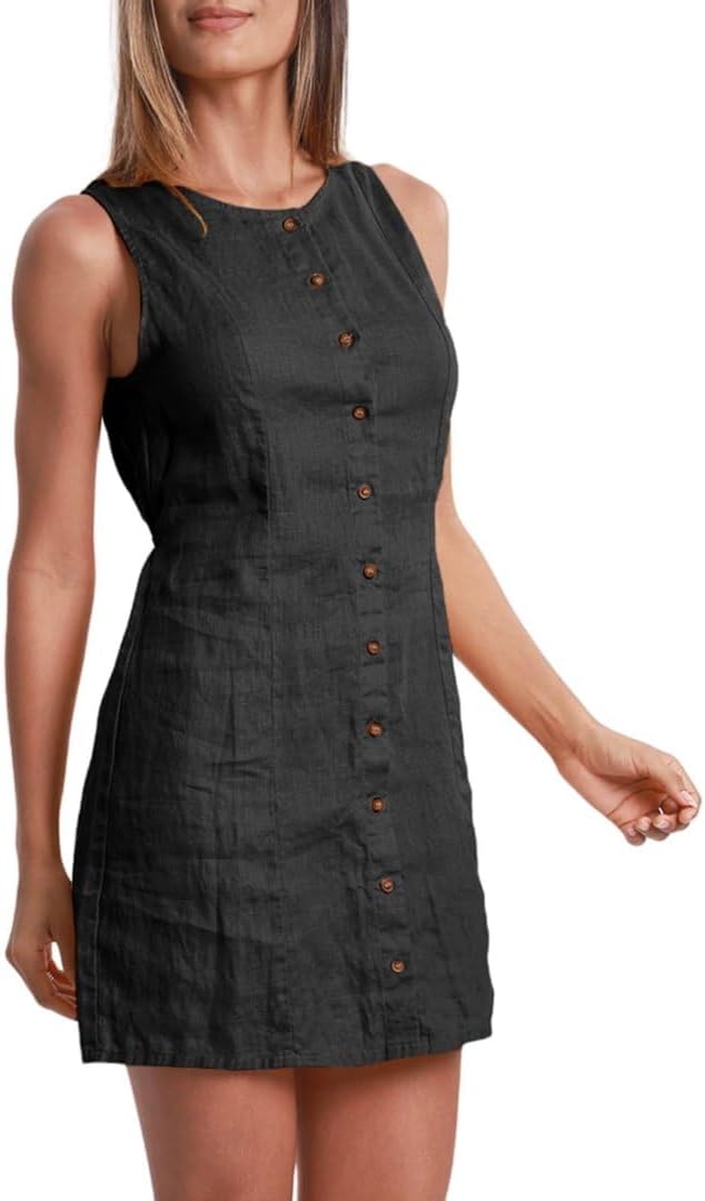 Amazhiyu Women's 100% Linen Summer Sleeveless Button Down Mini Tank Dresse