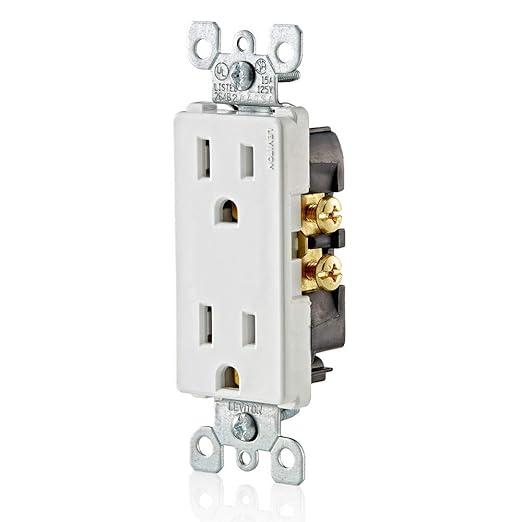Leviton 5325-W 15 Amp, 125 Volt, Decora Duplex Receptacle, Residential Grade, Grounding, White (Pack of 2)