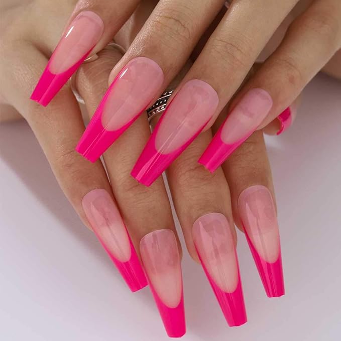 French Extra Long Press on Nails Glossy Coffin Fake Nails V Shape Super Long False Nails Acrylic Ballerina Full Cover Nails 20Pcs for Woemen and Girls (Hot Pink)