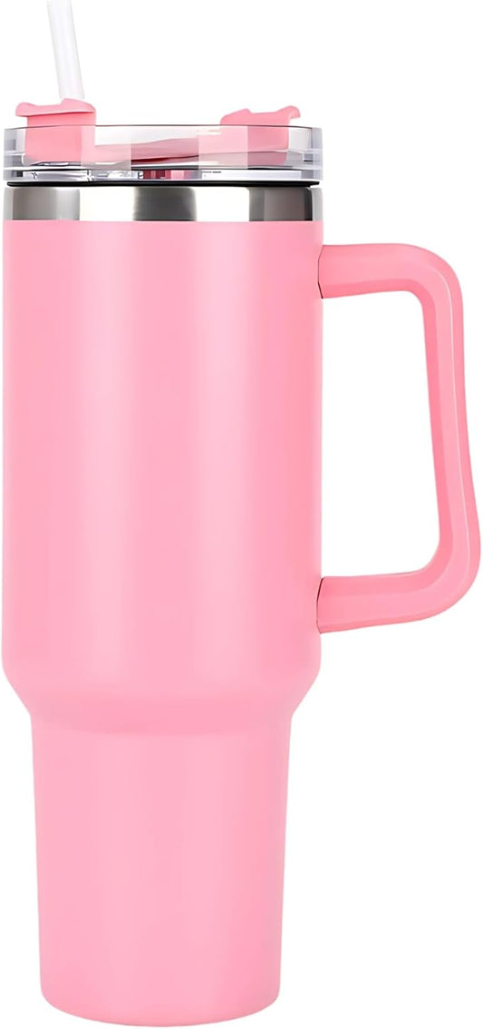 40-ounce insulated stainless steel tumbler with handle, straw and cleaning kit, keeps drinks hot and cold for hours (pale pink)