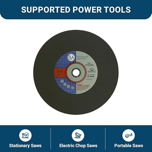 Benchmark Abrasives Aluminum Oxide Type 1, 14 Inch Chop Saw Blade, Cutting Wheel with 3/32" X 1" Arbor, Fast Circular Saw Blades for Cutting Metal Steel Drywall - Grinding Wheel - 10 Pack