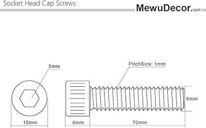 M6-1.0 x 70mm Socket Head Cap Screws Metric, Allen Socket Drive, Stainless Steel 18-8, Fully Threaded, Bright Finish, Machine Thread, 10 PCS