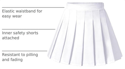 High-quality pleated mini skirt, perfect for school, parties, or everyday wear, with breathable polyester fabric and attached safety shorts.