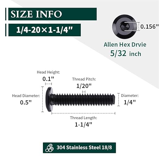 14-20 x 1-14" Black Hex Socket Head Cap Screws, 304 Stainless Steel 18-8, Furniture Bolts, Connector Screws, Black Coated, Full Thread, 25 PCS