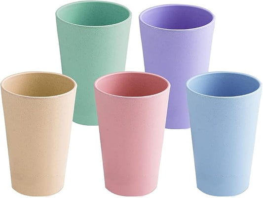 16oz Unbreakable Drinking Cups, Drinking Tumbler, Reusable Wheat Straw Cups, Water Glasses for Beverage Ice Tea, Camping Party Adults, Dishwasher Safe ( Set of 5, Assorted Colors)