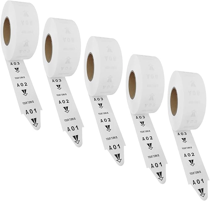 5 Rolls of 2-Digit Take-A-Number Tickets Turn O Matic Tickets Letter 3000 TicketsRoll for D80 Ticket Dispenser 6 Groups Queue Number from A01-E99 White (White-5 Roll)