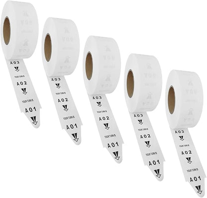 5 Rolls of 2-Digit Take-A-Number Tickets Turn O Matic Tickets Letter 3000 TicketsRoll for D80 Ticket Dispenser 6 Groups Queue Number from A01-E99 White (White-5 Roll)