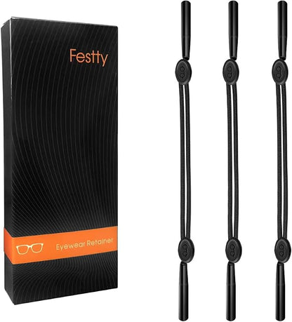Festty Glasses Strap Sports, 3 pcs, for Kids Women Men, Adjustable, Black No Tail,Non-slip Eyeglasses Strap, Sunglasses Lanyard String Chain, Reading Eye Glasses Holders Around Neck, Eyewear Retainer