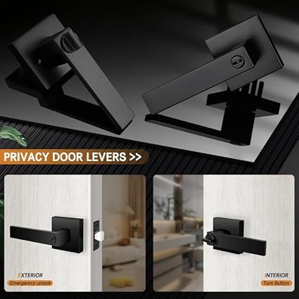 Probrico 2 Pack Square Privacy Door Levers Matte Black Bed Bath Door Handles, Keyless Interior Door Lockset Heavy Duty Leversets for Left or Right Handed Doors