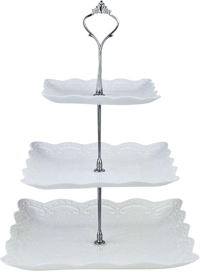 Efavormart 13"  3 Tier Floral Print Cupcake Stand, White Square Dessert Tray Display Holder with Wavy Edges - Plastic