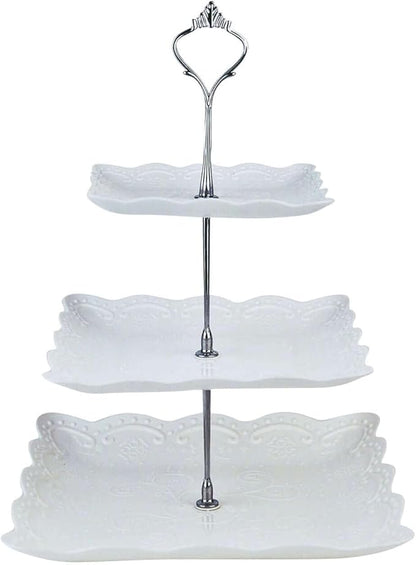 Efavormart 13"  3 Tier Floral Print Cupcake Stand, White Square Dessert Tray Display Holder with Wavy Edges - Plastic