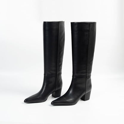 PECHORL Genuine Leather Knee High Boot Pointed Toe Chunky Heel | Classic Fashion Long Tall Boots Wide Calf Pull On Pointed Toe Block Heeled Elegant Comfortable Party Dress Shoes