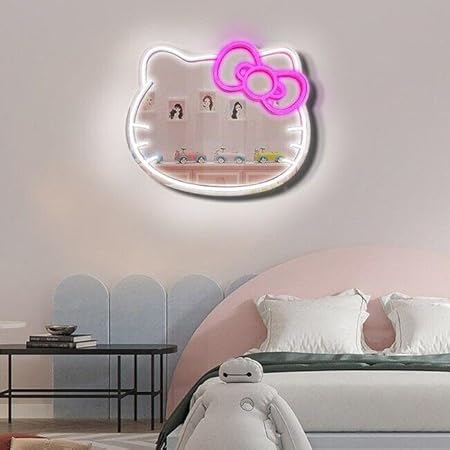 Home Decor Mirrorcat face Shape Mirror,Anime Neon Sign for Dresser, Locker Room,Living Room, Neon Light up Acrylic Mirror with Dimmable