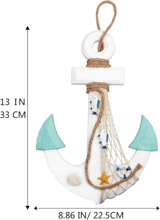 2 Pack 11" Nautical Beach Wooden Ship Wheel and 13" Wood Anchor with Rope Nautical Boat Steering Wheel Rudder Anchor Wall Decor Door Hanging Ornament Beach Theme Home Decoration(White&Green)